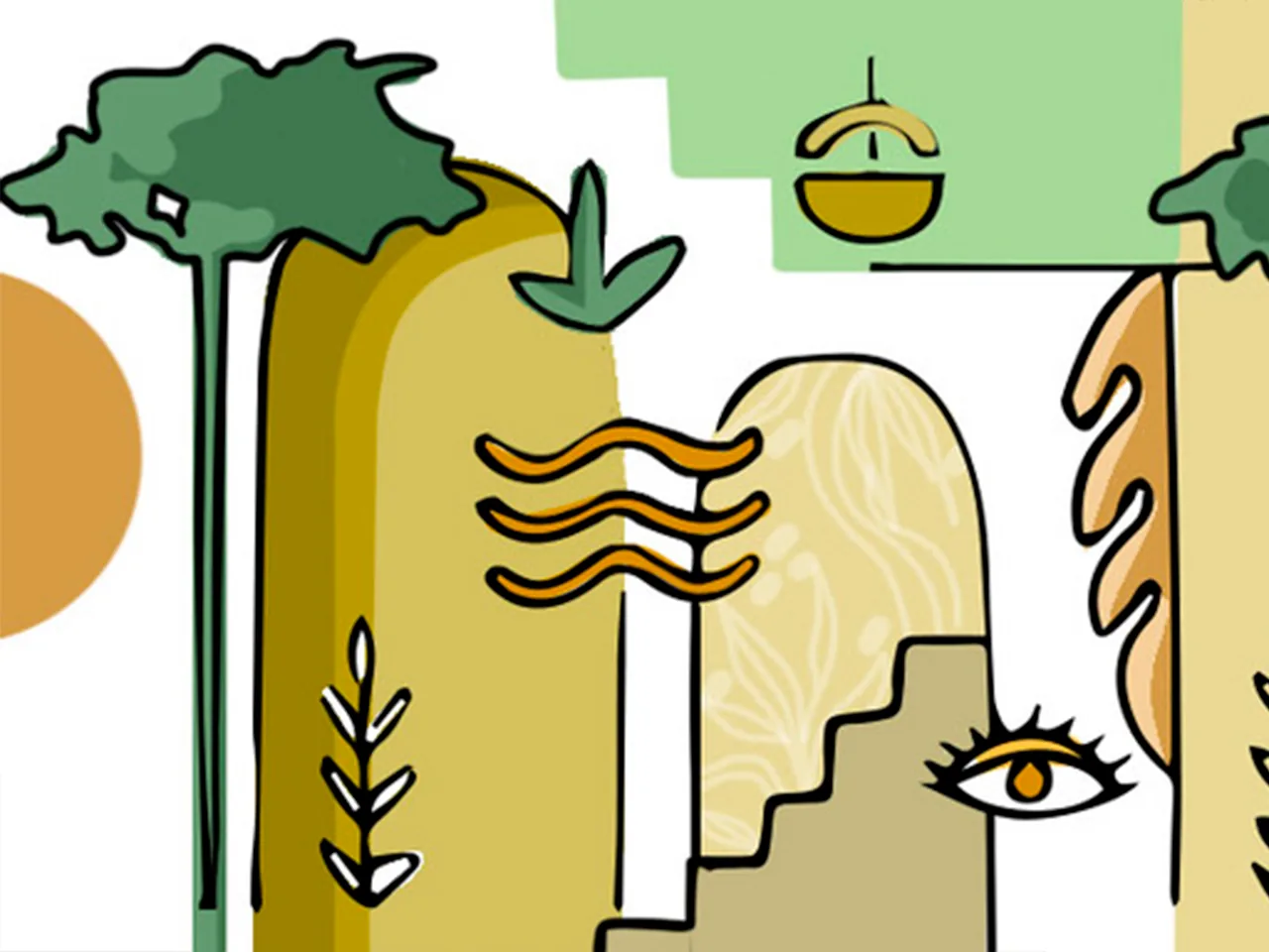Composition graphique de la charte : arches, arbres et regard stylisé