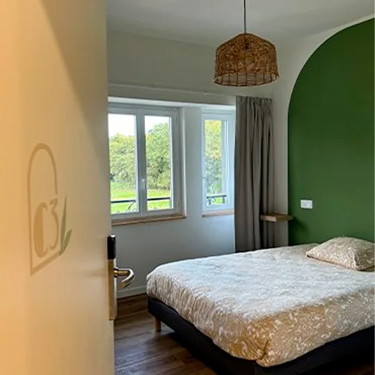 Chambre double ocre et verte vue depuis l'entrée, lit face à la fenêtre